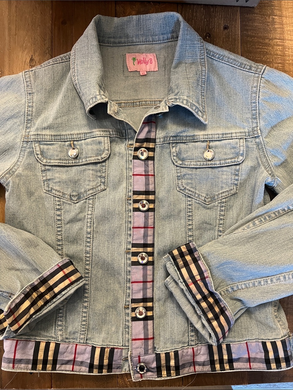 MOLLY B Women's Light Wash Denim Jacket with Plaid Trim XS